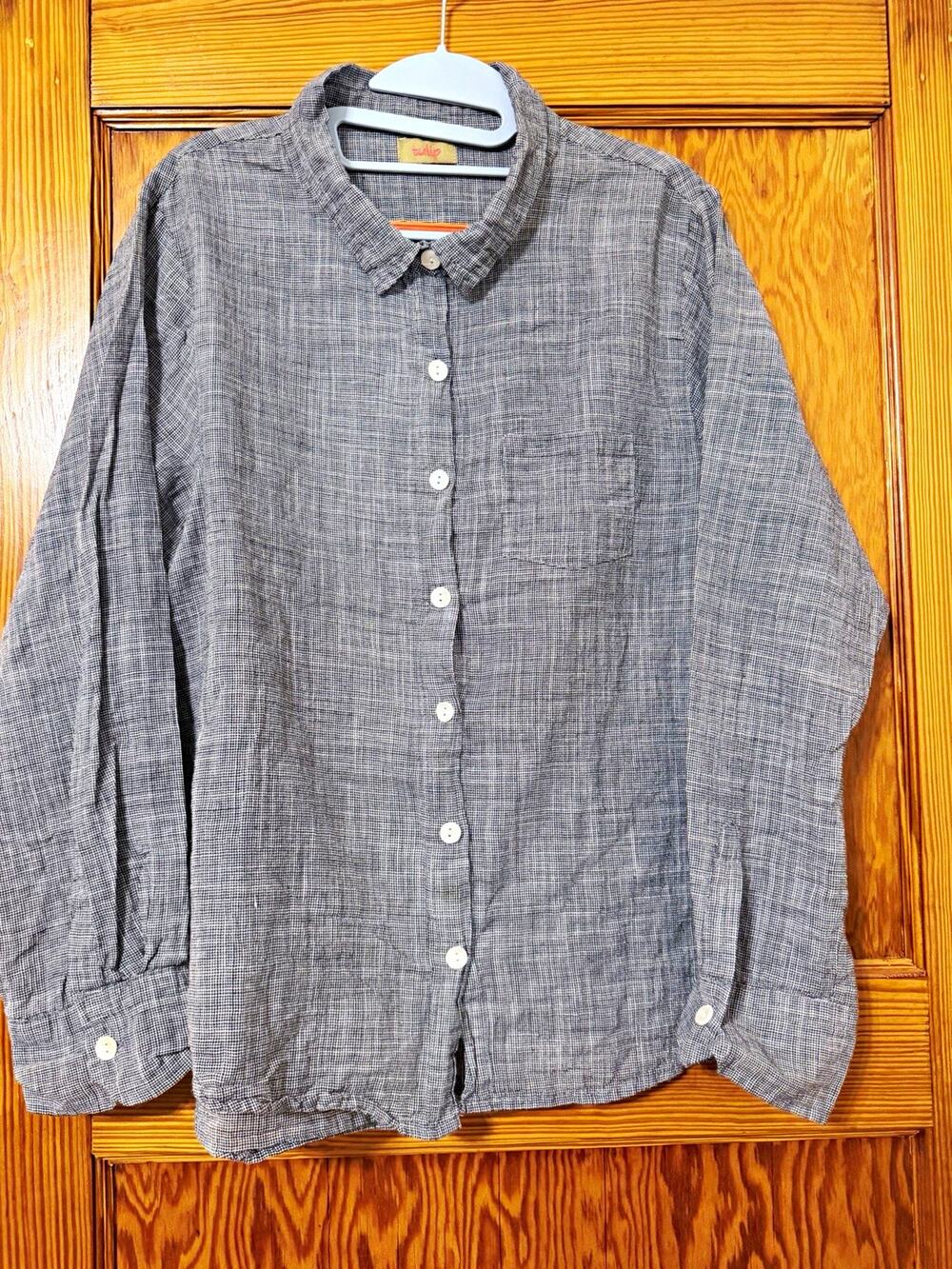 Tulip Women’s Gray White Check Woven Cotton Button-Up Long Sleeve L